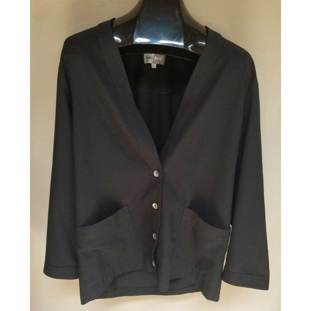 Vintage Hanasport California Womens Large Black Button Up Sweater V-Neck Casual